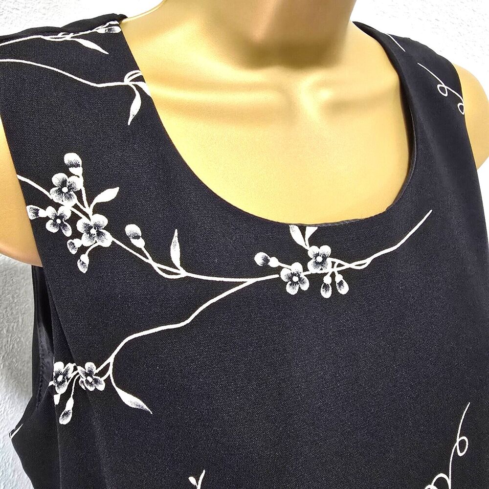 Vtg John Roberts Floral Cocktail Midi Dress 8P Black Sleeveless Minimalist Guest